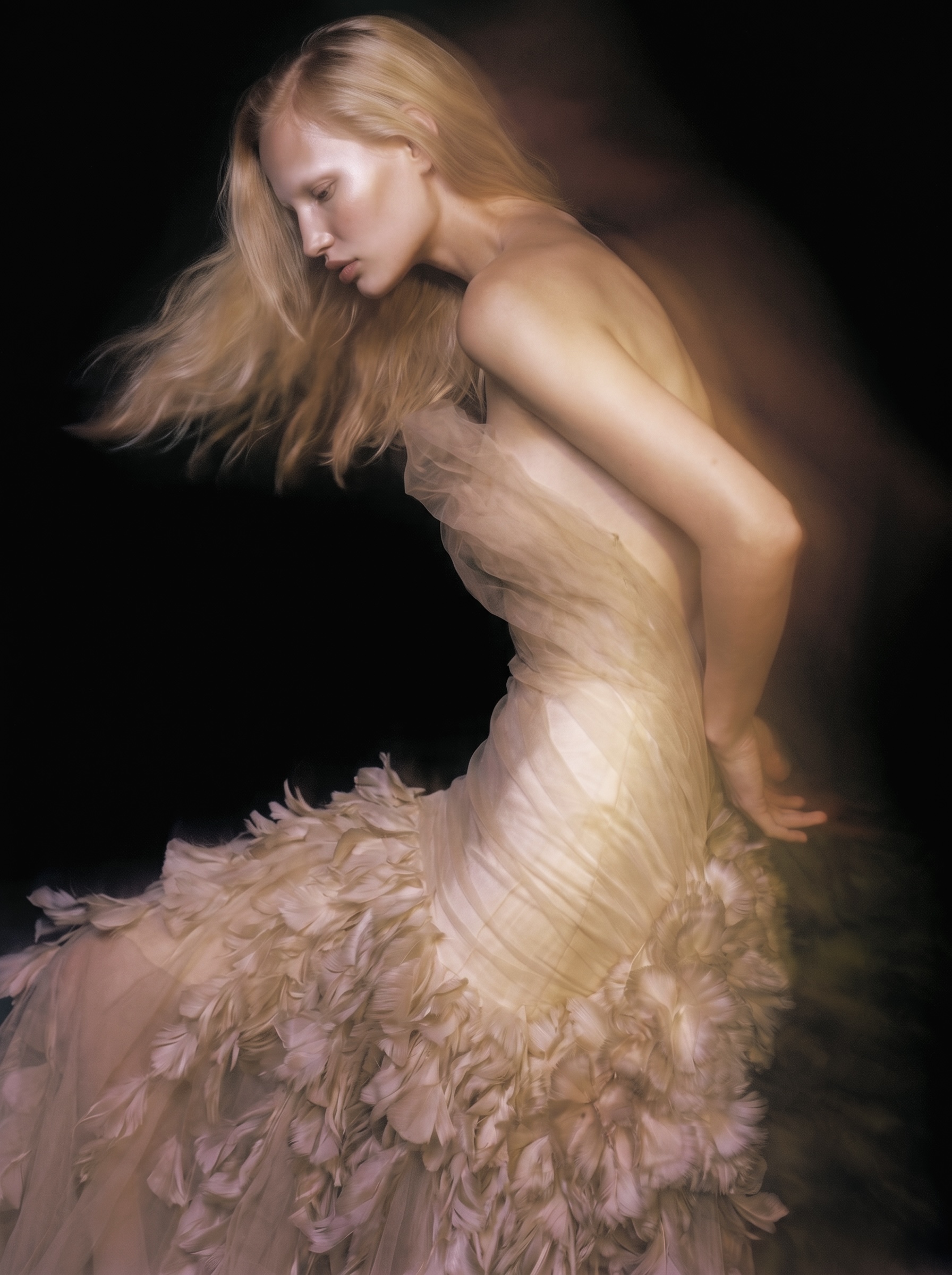 Woman in a feathered tulle gown, hair in motion, on a dark background