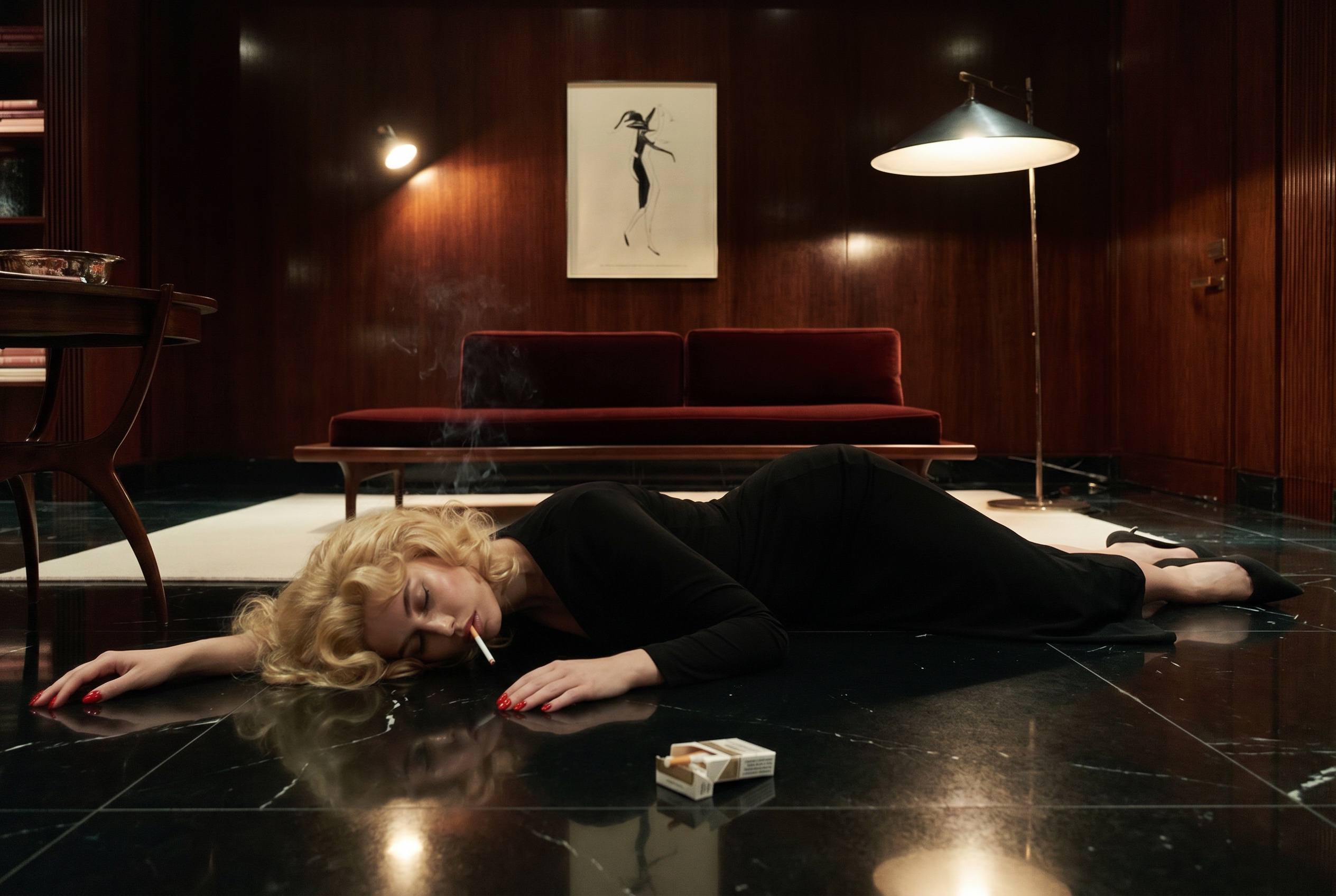 Woman in a black dress lying on a marble floor with a cigarette in a wood-panelled room